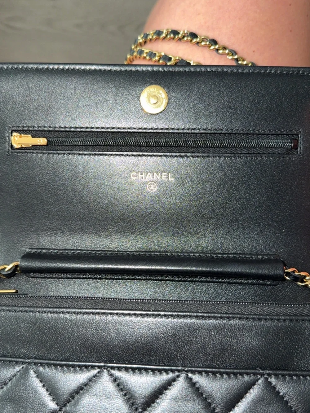 CHANEL Black Quilted Lambskin Crossbody with Gold Chain